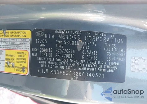 2006 Kia Sedona Ex/Lx z USA, uszkodzony, nr VIN KNDMB233266040521